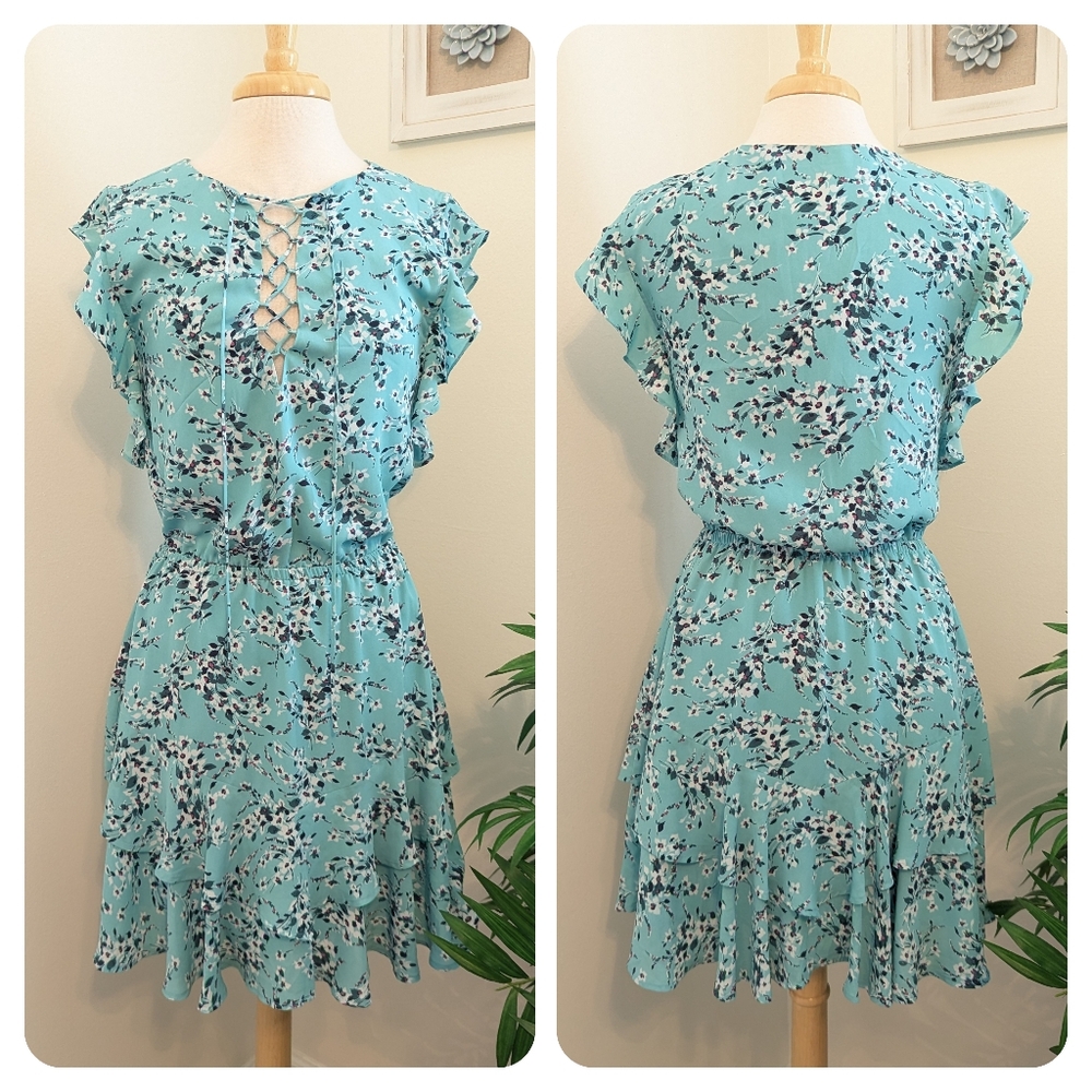 Belle Sky Floral Lace Up Flounce Ruffled Sleeve Mini Dress Blue Small